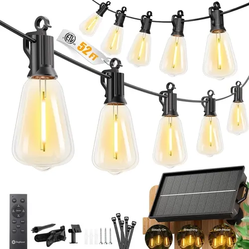HOODINK Solar Outdoor LED String Lights - 24V, 120FT Waterproof, 30+1 Shatterproof Edison Bulbs, Remote, 8 Modes, Dimmable Connectable, 0.5FT Tail Wire, 1800mAh Battery, Auto On/Off, Wedding Patio Garden Outdoor Lighting Solutions