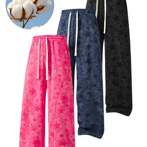 Unisex loose fit sweatpants with an all over starry sky print, a relaxed silhouette, and a fluid, streamlined design in street style. They are machine washable and suitable for everyday wear and street looks.