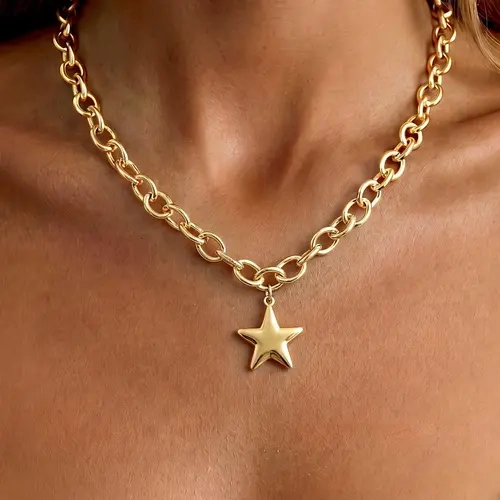 FREEKISS Gold Star Pendant Necklace Women's Chunky O-Chain Link - Bold Look, gifts for women, High-Gloss Finish, romantic gifts for her, 5-Point Star Statement Costume Jewelry for Daily Wear womens gifts FallDealsForYou BlackFriday