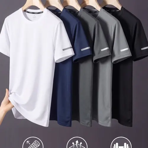 Men’s 5-Pack Quick-Dry Gym T-Shirts Set, Breathable Mesh Fabric Tops, High Elasticity Crew Neck Short-Sleeve Athletic Tops, Reflective Cuff Gym Stuff