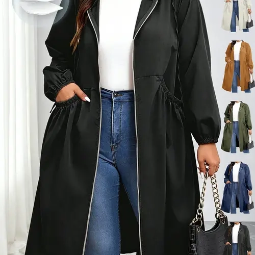 Plus Size Women's Windbreaker Coat Jackets,Fall Tops, Hooded Mid-Length, Zipper Closure, Practical Pockets, Waist Cinch, Lightweight Windproof Fabric, Casual Style,Fall Clothing Women 2026