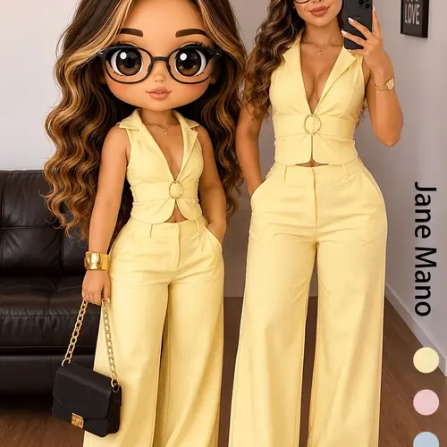 French Style Light Sleeveless Vest Set, Metal Ring Waistcoat, High-Waisted Loose Fit Pants, Office Wear Interview Outfits Two-Piece