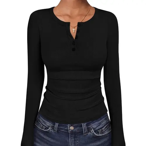 ANRABESS Women's Long Sleeve Henley Shirts | Ribbed Knit Tops, Slim Fit, Soft Breathable Stretch Fabric, Casual Office Travel Everyday Wear, Fall Winter Clothing