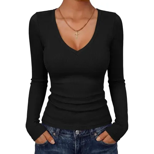 ANRABESS Women's Long Sleeve Deep V Neck Tops | Basic Rib Knit Tee Shirt, Slim Fit, Soft Flexible Fabric, Everyday Casual Work Wear, Fall Winter Clothing