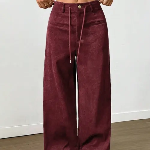 Women High Waist Wide Leg Trousers Button Closure Drawstring Detail Loose Full Length Pants Front Pocket Design Straight Leg Casual Daily Flared Pants For Everyday Dating Travel, Drawstring Waistband Pants