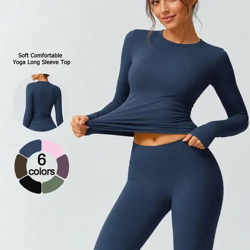 Women's Long Sleeve Yoga T Shirt Solid Color Crew Neck Soft Skin Friendly Cooling Quick Dry Workout Top, Sports Top, Exercise Activewear, Breathable Comfortable High Stretch Slim Fit Moisture Wicking for Gym Outdoor Workout All Season Casual Top