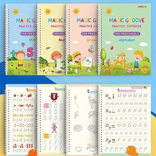 Magic Ink Handwriting Practice Books Set for Kids - 4 Reusable Grooved Letter Tracing Books with Cartoon Pen, Pen Holding Aid & 10 Refills Student Essentials