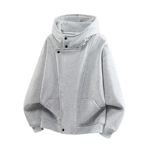 Men's Solid High Collar Cotton Blend Hoodie - Thick Soft Fabric, Long Sleeve Menswear, Diagonal Placket, Asymmetric Metal Snaps, Korean Casual Streetwear, Medium Length, Cold Wash, Boyfriend Gift, Outdoor/OOTD Outfit, Male Clothing