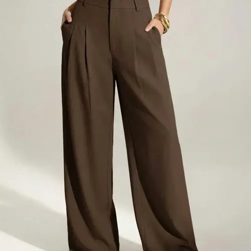 Women's Plain Mid-Waist Buttoned Pleated High Waist Wide Leg Pants, Loose-Fitting Business Casual Trousers, Casual Work Pants for All Seasons