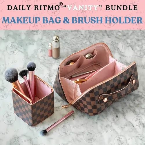DAILY RITMO Vanity Bundle - Makeup Cosmetic Bag and Brush Holder Bin