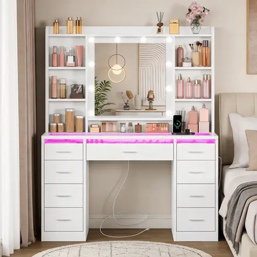 Modern White LED Vanity Desk - Large Size Rectangular Dressing Table with RGB Lights, Glass Top, Power Outlet, 9 Drawers, 6 Shelves, Stable Base for Bedroom Indoor Furniture
