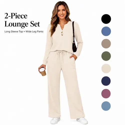 Wiholl Women's 2-Piece Fashion Lounge Set - Long Sleeve Top & Pants, Wide Leg Palazzo, Casual Set for Fall Travel Airport Outfits