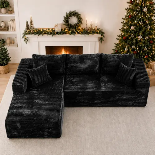 DIGWAC 106-Inch 3-Seater L-Shaped Modular Couch, Room Furniture with Fixed Arms, 49-Inch Chaise Couch, 0 Assembly, Upgraded Pocket Coil Spring Base, Ultra-Soft Corduroy Upholstery, Memory Foam Cushions