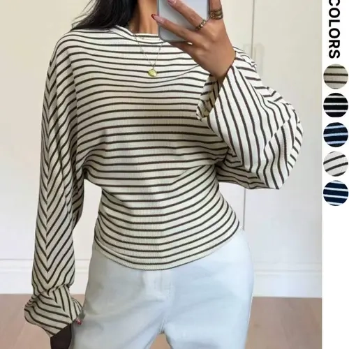 Striped Long Sleeve Top, Waffle Waist Shirt, Millennial Casual T-Shirt, Retro Minimalist Daily Layering Top, Neutral Striped Slim Fit Shirt Women, Casual Basic Top