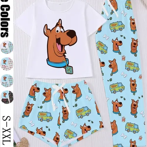 3-Piece Cartoon Dog Print Women's Pajama Set, Short Sleeve Round Neck Top, Elastic Shorts and Pants, Elegant Daily Wear, Holiday Party Clothing, Nightwear