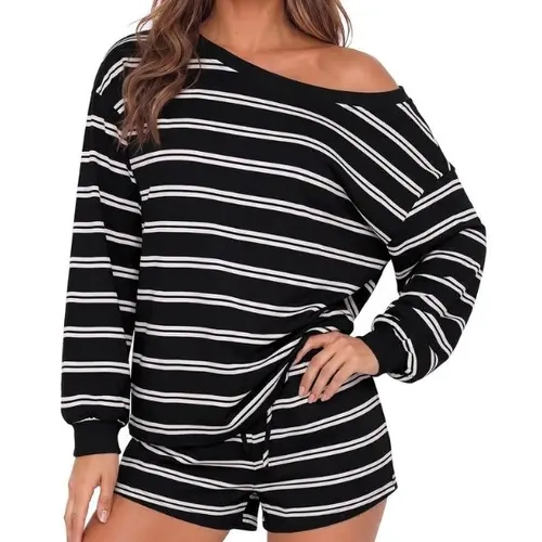 Fisoew Women's Elegant Cotton 2-Piece striped matching set - 2 Piece Sets for Women, Matching Outfit with Adjustable Drawstring Elastic Waist Shorts & Oversized Asymmetrical Long-Sleeve, Women 2 Piece Sets