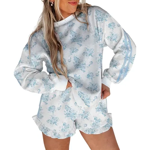 Mntaor Women’s Christmas Outfit Sweet & Airy Blue Floral 2-Piece Short & Top Set - Long Sleeve Side-Stripe Sweatshirt + Ruffle Hem Shorts, Soft Casual Outfit for Beach Days, Weekend Getaways