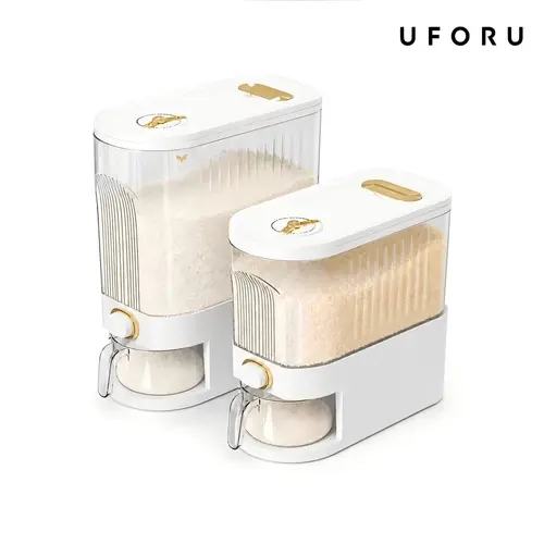 UFORU Rice Dispenser with Measuring Cup - Kitchen Utensils Gadget, Minimalist Rectangular Food Storage Container, Home Food Preservation Solution, Time Scale, Dustproof, Stackable, Durable Plastic, Multi-Compartment, High Capacity for Rice, Soybeans
