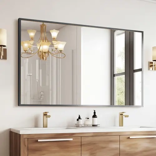 Sweetcrispy Metal Frame Metal Edge Wall-Mounted Glass Mirror - Rectangle, Without Light, Modern Home Decor for Bathroom, Mirror for Bedroom (Horizontal-Vertical Hanging)