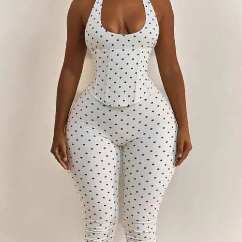 Women’s Seamless Polka Dot Shapewear Halter Bodysuit 2-Piece Set, Tummy Control & Butt Lift Waist Trainer Built In Faja Romper