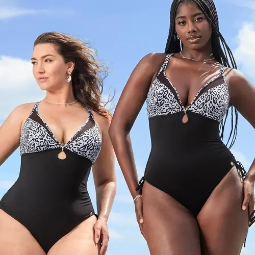 Popilush Women's Deep V Print Shaping 1-Piece Swimsuit - Built-in Bra with Push-Up Cups, Adjustable Side Tie Customizes Fit, Slim Fit Beachwear