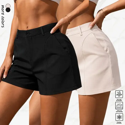 Women's Basic High-Waisted Solid-Color Straight-Leg Office Shorts - 1-Pack Fitted Elegant Above-Knee Lightweight Polyester Bottoms, Casual Chic, Suitable for Formal Summer Outfits, Shorts for Women