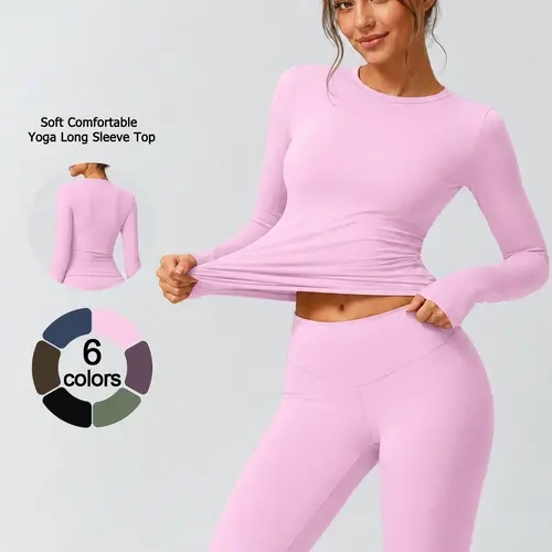 Women’s Long Sleeve Workout T Shirt Fitness Clothes Solid Color Crew Neck Cloud Soft Skin Friendly Yoga Top High Stretch Slim Fit Breathable Cooling Quick Dry Fitness Shirt for Gym Pilates Running Cycling Fitness Tee