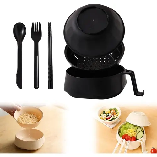Wheat Fiber Microwave Noodle Bowl Set - Strainer Handle, Cover, Chopsticks, Spoon, Fork Included - Portable Cutlery Tableware Kit for Dorm Kitchen Pasta Prep