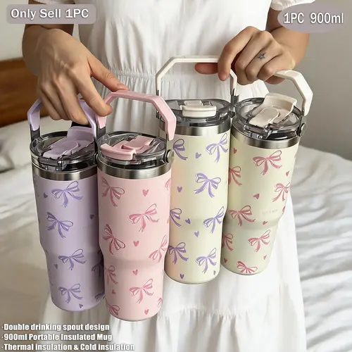 900ml Insulated Stainless Steel Tumbler, Heart & Bow Pattern, Dual-Layer Vacuum Portable Travel Cup with Lid, Ideal for Outdoor & Office Use, Gift Idea