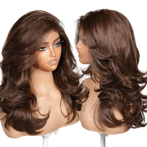 BrownBomb 18in Synthetic Lace Front Wig - 13x6 Lace, Glueless Heat Resist, Pre-Plucked Hairline, Flippy Layers, Feather Curls, Fringe Bangs, Light & Airy, Everyday Wear, Summer-Friendly Synthetic Wigs