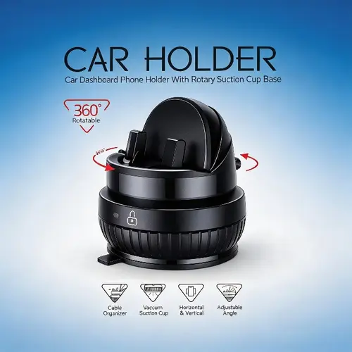 Car Phone Holder, Vehicle Accessory - 360° Rotatable Base, Dashboard Suction Cup Mount, 25° Up/Down Tilt, Adjustable Portrait/Landscape Secure Grip, Easy Setup for iPhone, Android, Cars Accessories