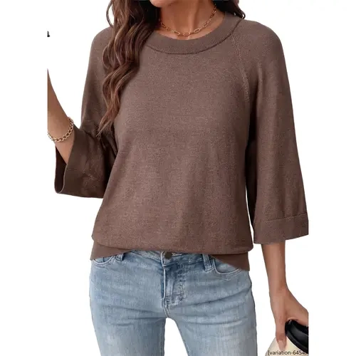 EVALESS Women's Casual Chic Knitwear Top - Silky Viscose Soft Blends Cropped Pullover, 3/4 Batwing Sleeves, Ribbed Hem Crewneck, Loose-Fit High-Stretch Minimalist Design
