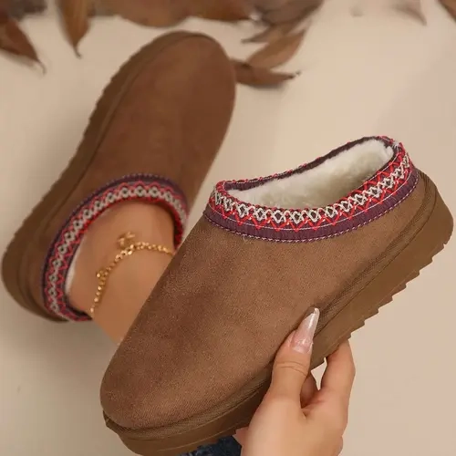 Women's Slip-On Fleece Slippers with Embroidered Trim, Thick-Soled Non-Slip House Shoes, Warm Indoor/Outdoor Slippers for Fall and Winter
