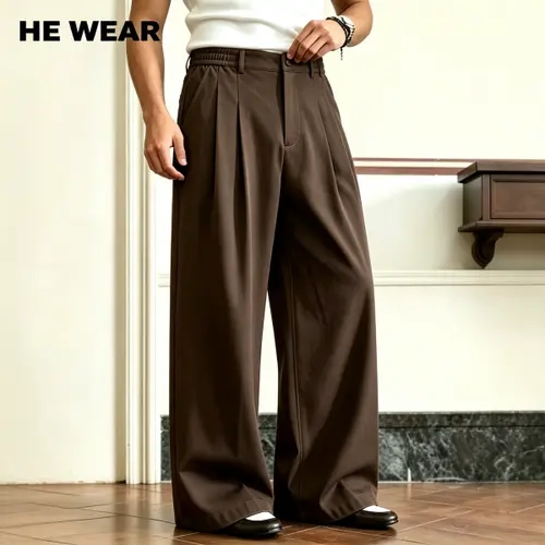 Men's Stylish Pleated Wide-Leg Polyester Suit Pants - Men's Clothing, Long Trousers, High/Mid Elastic Waist Options, Easy On & Off, Dry Clean, Standard Sizes, Chic Aesthetic, Elegant Style for Office, Streetwear