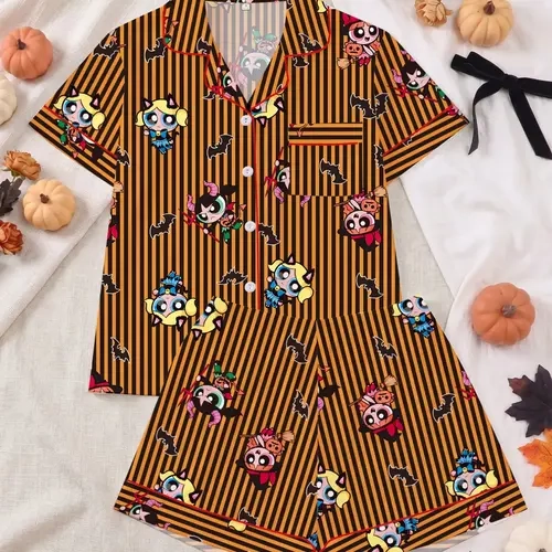 Halloween Pajama Set for Women, Short Sleeve Button Front Top & Elastic Shorts, Elegant Cartoon Pattern, All-Season Comfortable Sleepwear, Shorts Loungewear Set