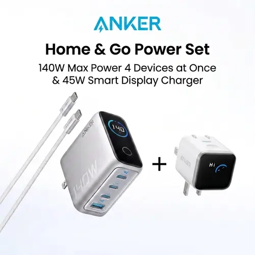 【Home & Go Power Set】Anker 140W Laptop Charger, 4-Port Multi-Device Charging,140W Max USB-C Charger, &Anker Smart Display Charger,Anker Nano 45W Fast Charging USBC Charger with Smart Recognition