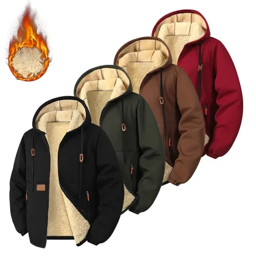 Men's Plain Pull-On Hooded Fleece Jacket - Long Sleeve Tops Coats, Warm Cozy Outerwear, Standard Sizes, Autumn-Winter Use, Foldable for Outdoor Activities & Gifting