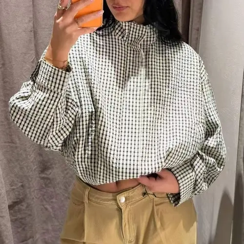 Women's Plaid Cropped Oversized Casual Long Sleeve Bomber Jacket, Streetwear, Loose Lightweight Outerwear for Spring and Autumn