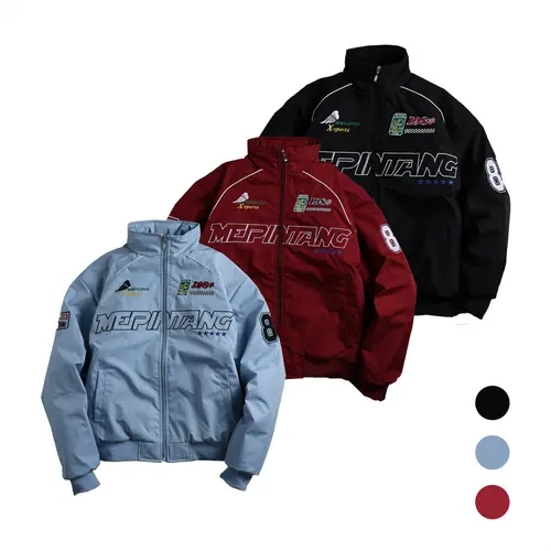 Men's Racing Style Hooded Casual Fashionable Jacket - Fleece Coats, Stand Collar, Graphic Prints, Patch Details, Long Sleeves for Streetwear Clothing or Sportswear Jackets
