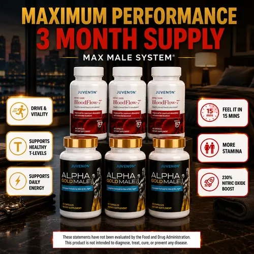Juvenon Maximum Male System Supplement Stack - 3 Full Size Natural Fitness Dietary Supplements (3-Month Supply), BloodFlow-7 Nitric Oxide Booster + Alpha Gold Testosterone Support Capsules with Ashwagandha, Prop 65 Safe, Boosted Energy