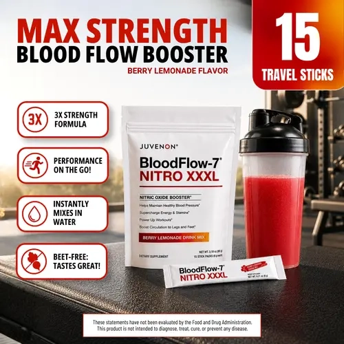Juvenon BloodFlow-7 Nitro XXXL Natural Berry Lemonade Superfruit Blend Dissolvable Stick Supplement - 15 Single-Serve Travel Packs, 1500mg Nitrosigine Nitric Oxide Drink Mix, Prop 65 Safe, Boosts Circulation, No Beets, Mixes in Water