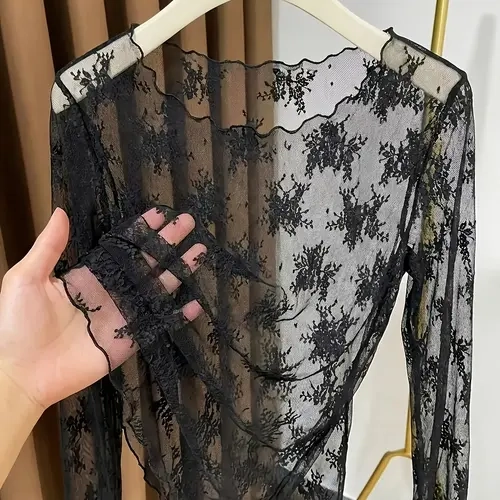 Lace Mesh Top for Plus Size Women, Sheer Layering Shirt, Blouse Shirts, Elegant Fashion Top, Conceals Belly Fat, Slimming Effect, Comfortable & Stylish Design