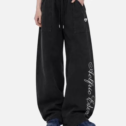 Aelfric Eden Baggy Barrel Sweatpants High Waist Balloon Barrel Silhouette Cursive Script Graphic Print Adjustable Waist & Ankle Drawstrings Soft Washed Fabric Retro Streetwear Unisex Bottoms
