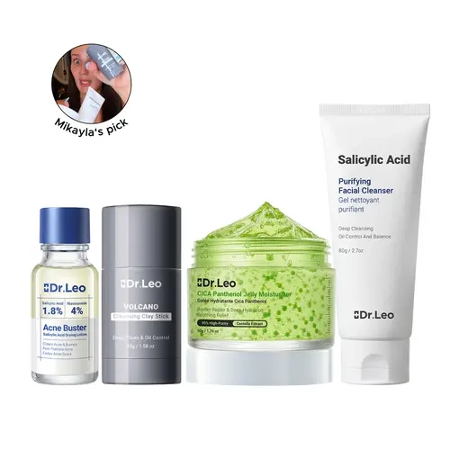 [Live Only] Dr.Leo 4-Step Acne Relief Kit – Salicylic Acid Acne Treatment, Charcoal Clay Stick, CICA Soothing Cream & Cleanser for Acne-Prone Skin