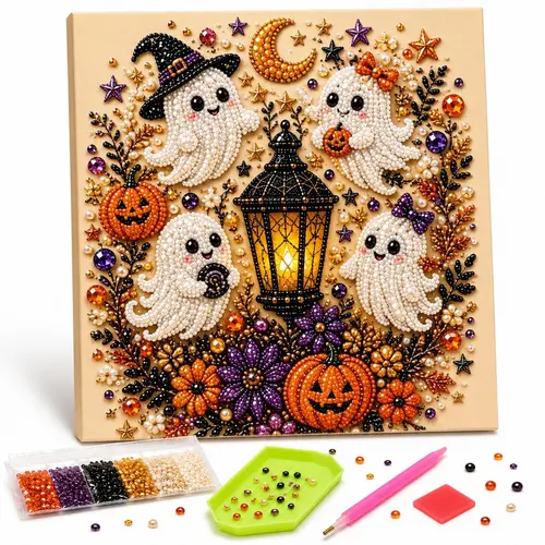 Halloween 3D Pearl Art DIY Kit - Beginner-Friendly Pearl Beads Craft Set, Diy Needlework Arts, Ghost Themed Fall Home Wall Decor, Seasonal Party Gift