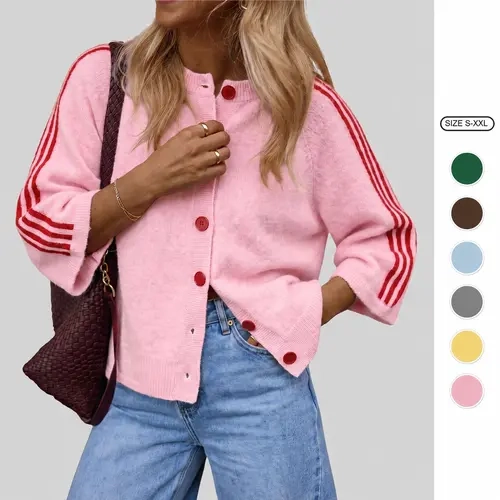 Imily Bela Women Striped 3/4 Sleeve Knit Cardigan Casual Crew Neck Button Down  Sweater Jacket Y2K Fall Outfits Striped Knitted Cardigan