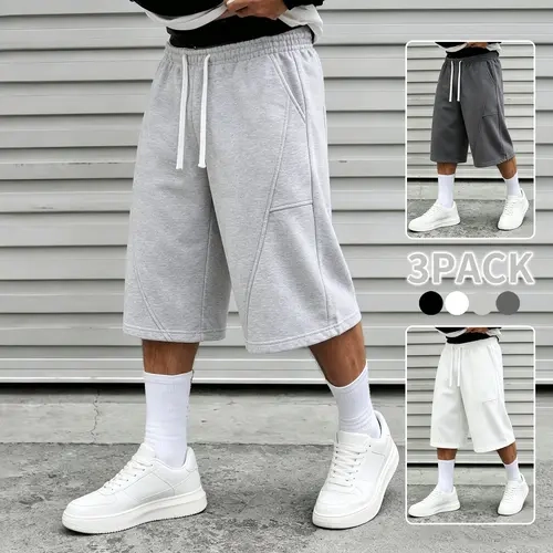 3-Pack Men’s Knee-Length Sweat Shorts, Elastic Drawstring Waist, Stitching Detail, Loose Baggy Fit, Casual Athletic Streetwear Shorts