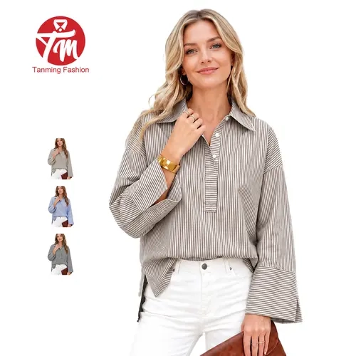 Tanming Womens Striped Henley Blouse - Oversized Classic Collared Button Down Shirt with Side Slit - Spring Summer Fall Daily Commute Office Outfits