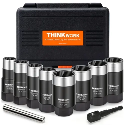 THINKWORK 10PC CR-MO Bolt Extractor Set, 8PCS Damaged Nut Extractor Sockets with Extension Rod & Adapter for Car Repair