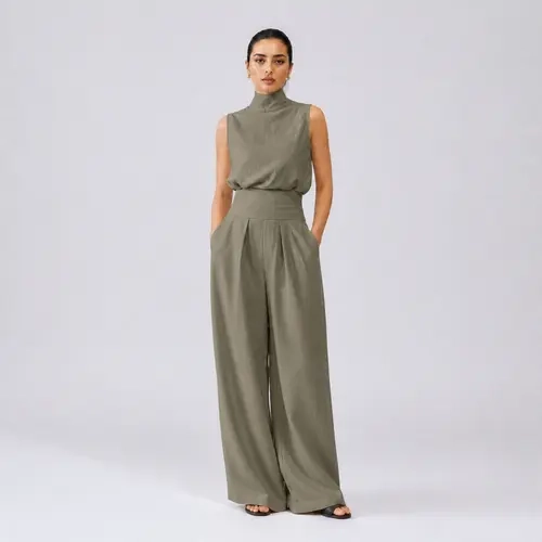 LikeMyChoice 2 Piece Matching Set Sleeveless Mock Neck Back Cutout Top High Waist Pleated Wide Leg Pants Old Money Quiet Luxury Office Vacation Outfit